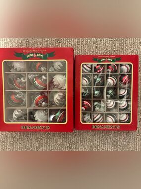 CHRISTOPHER RADKO SHINY BRITE 2 Boxes (32) Glass Ornaments Tinsel Snow Glitter
